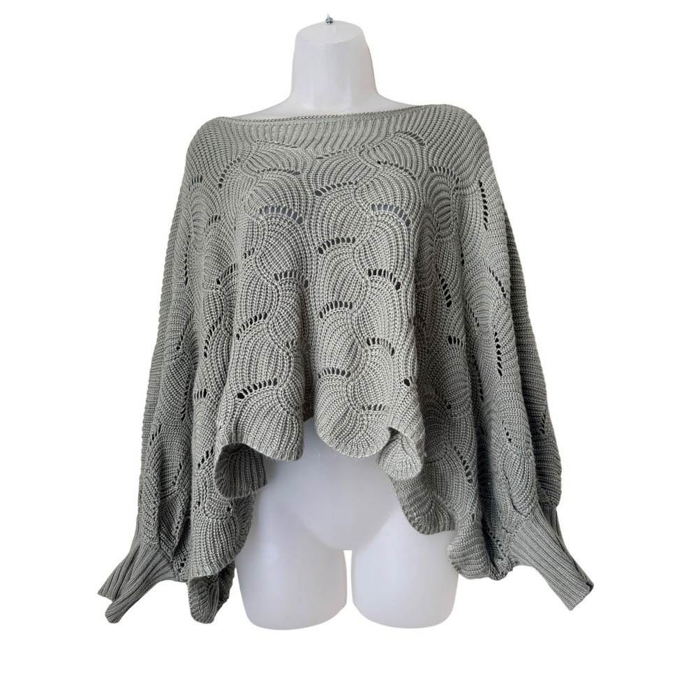 Moon & Madison Sage Green Scallop Wave Knit Poncho Sweater Batwing Sleeve M - Picture 2 of 6